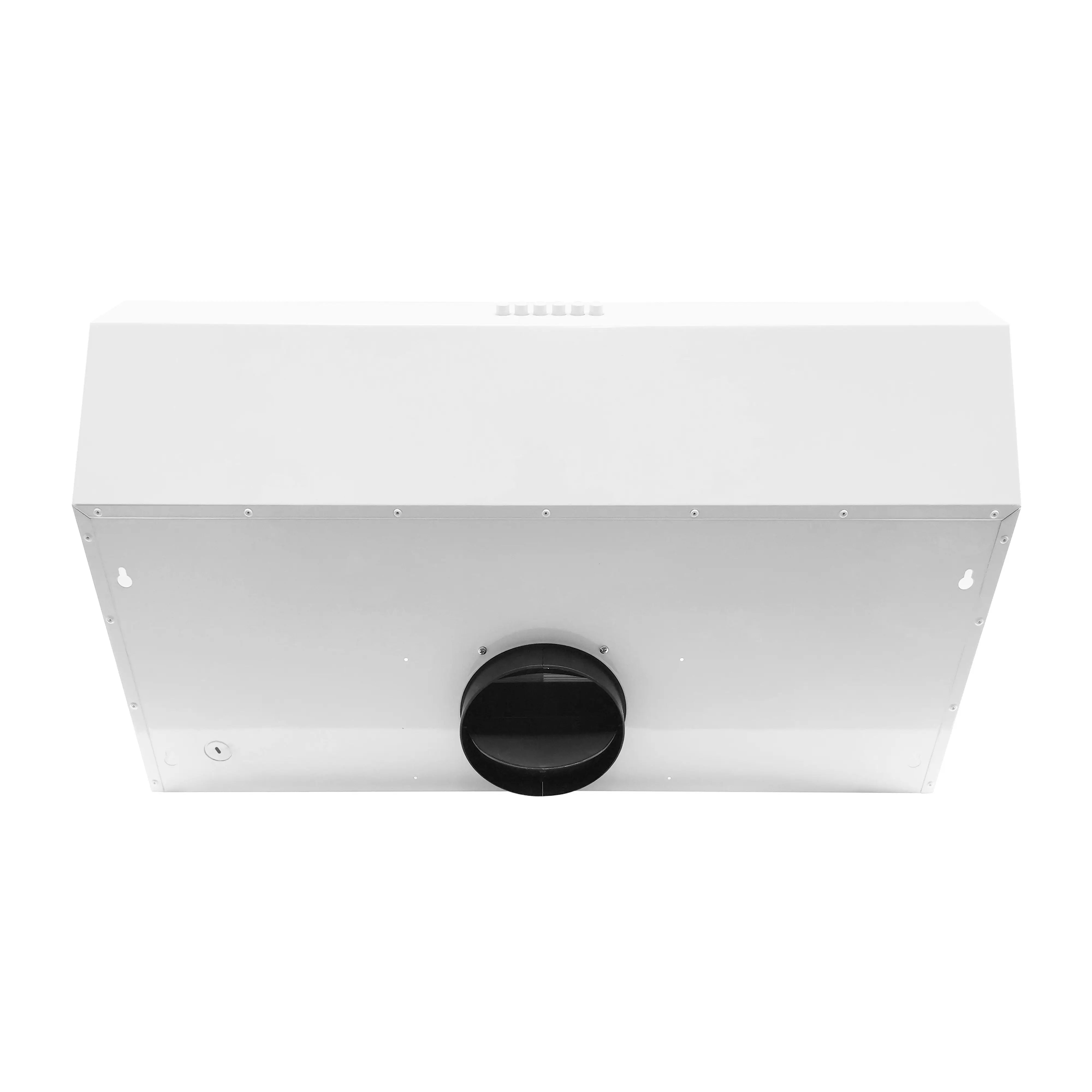 White under-cabinet range hood with round front duct opening