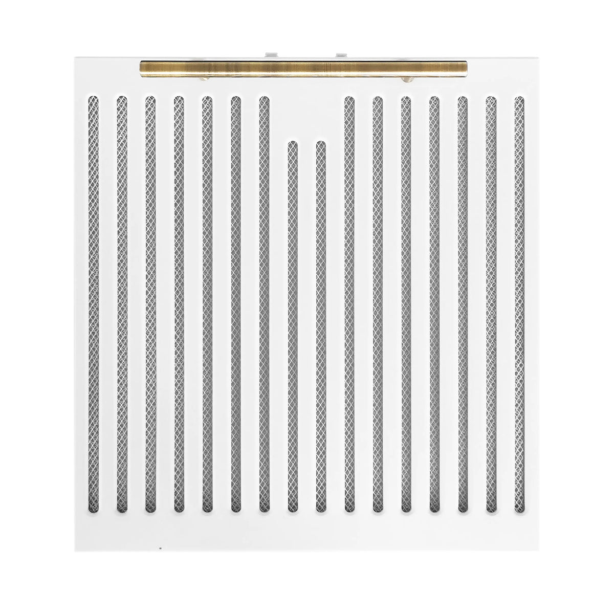 White range hood front panel with vented grille and gold-tone top bar