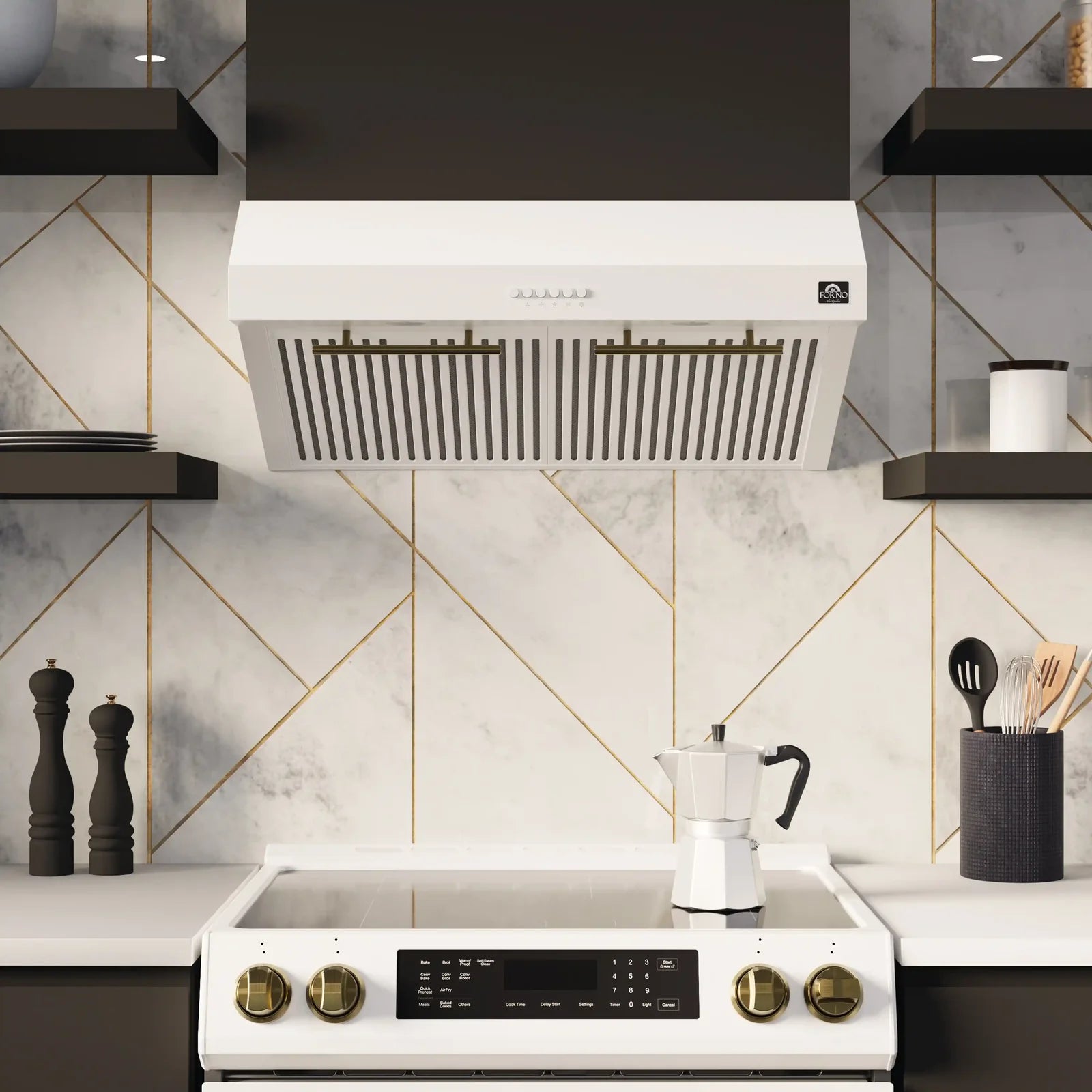 White under-cabinet range hood with antique brass trim and central control display