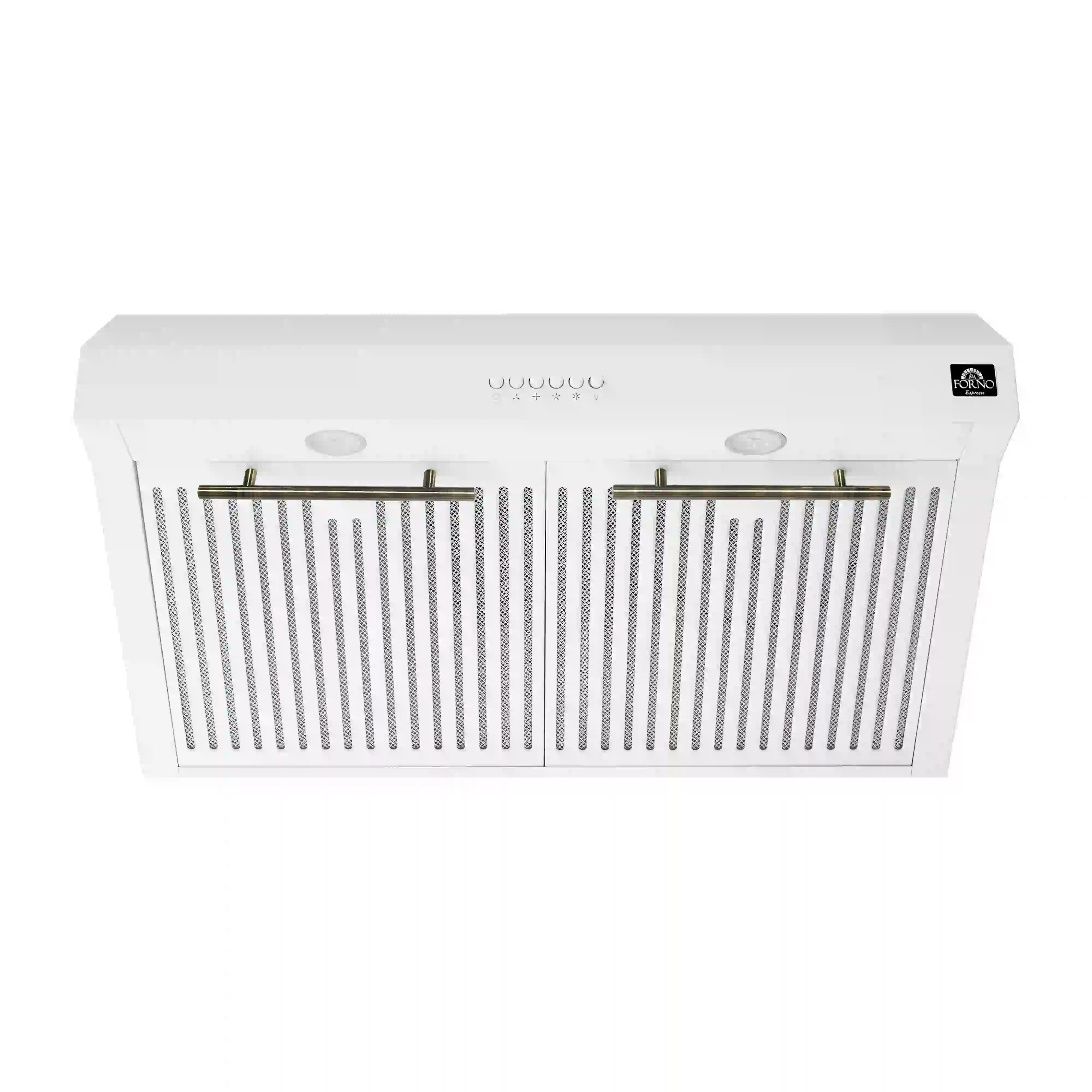 White under-cabinet range hood with vertical grille and antique brass trim