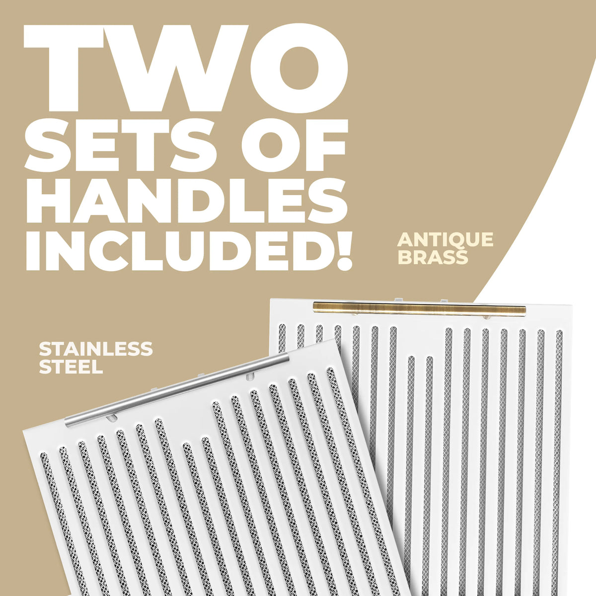Range hood accessory package graphic: two handle sets in antique brass and stainless