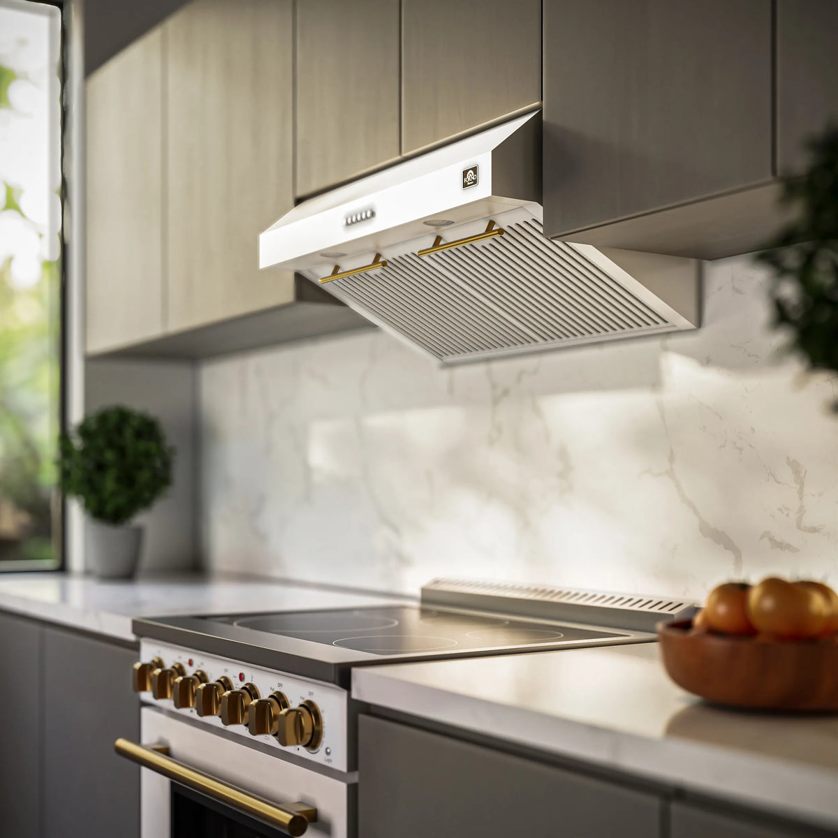 Forno Bari 30-Inch Espresso 400 CFM Under Cabinet Range Hood in White with Stainless Steel Trim shown in a styled kitchen, view 3