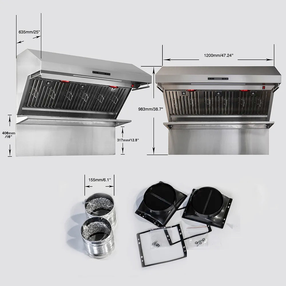 Stainless steel wall mount range hood with baffle filters, shown with size diagrams