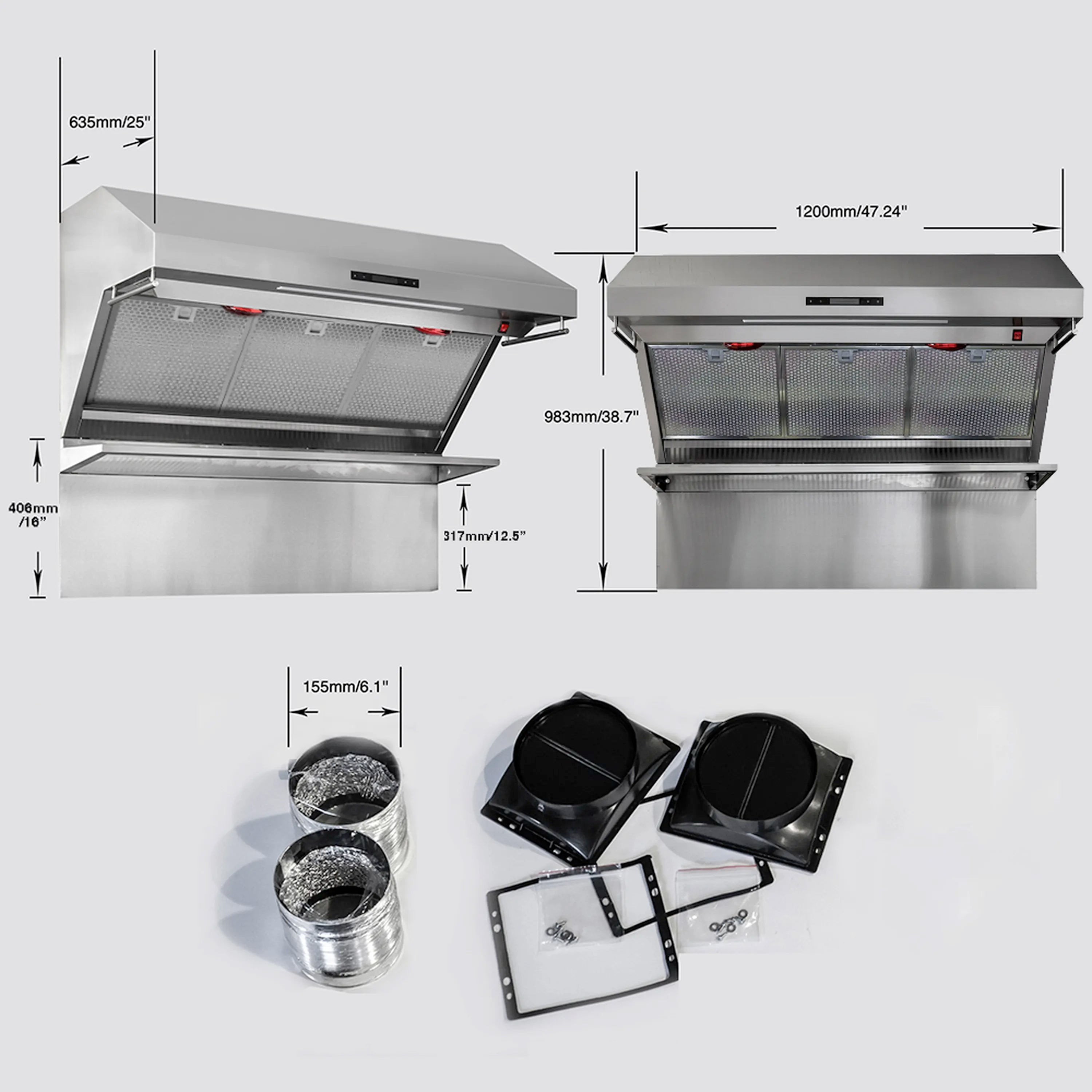 Wall mount range hood installation diagram with measurements and included motor parts