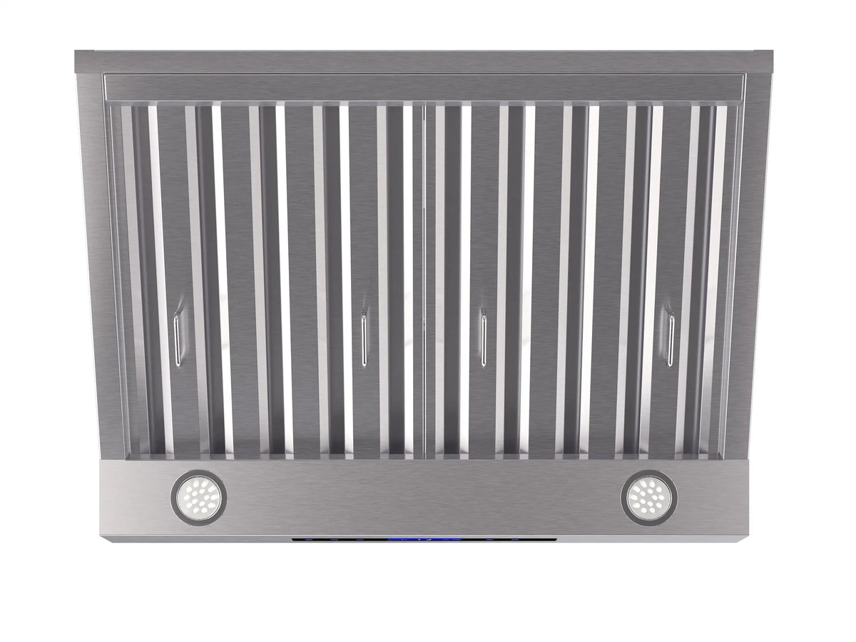 Stainless steel under-cabinet hood front with vertical vent baffles and two round lights