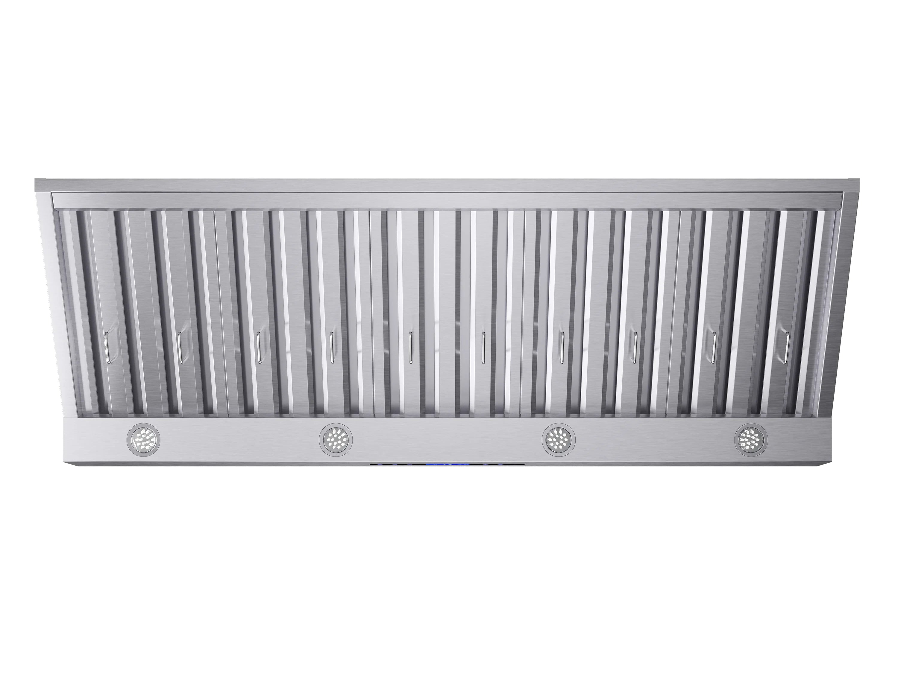 Stainless steel under-cabinet range hood front view with baffle filters and knobs