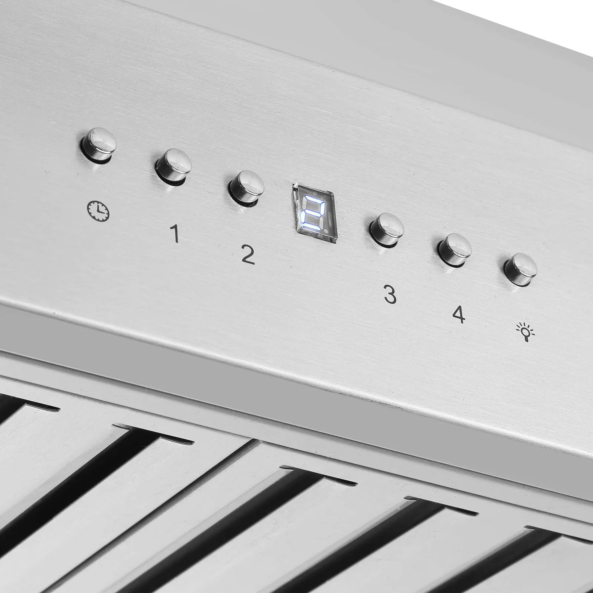 Range hood control panel with numbered knobs and LED display