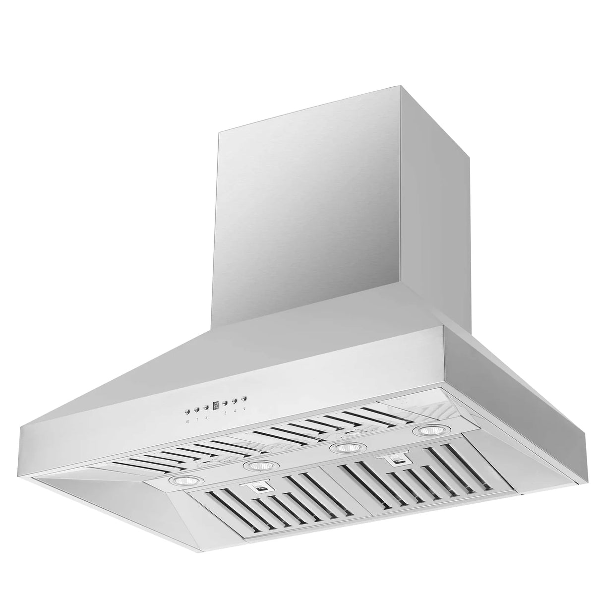 Wall-mount range hood with vent filters and front control buttons