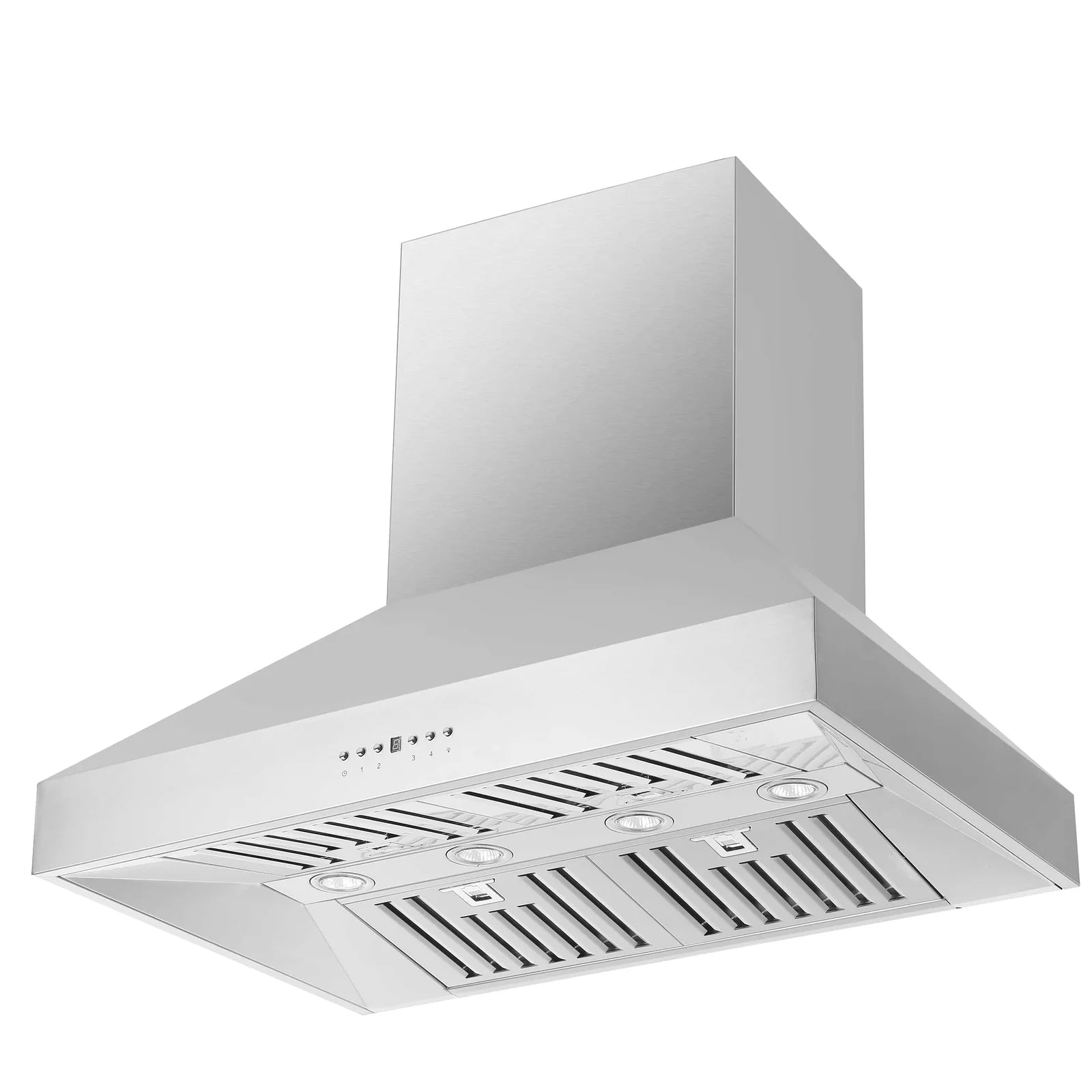 Stainless steel range hood with glass chimney-style body and vented grille