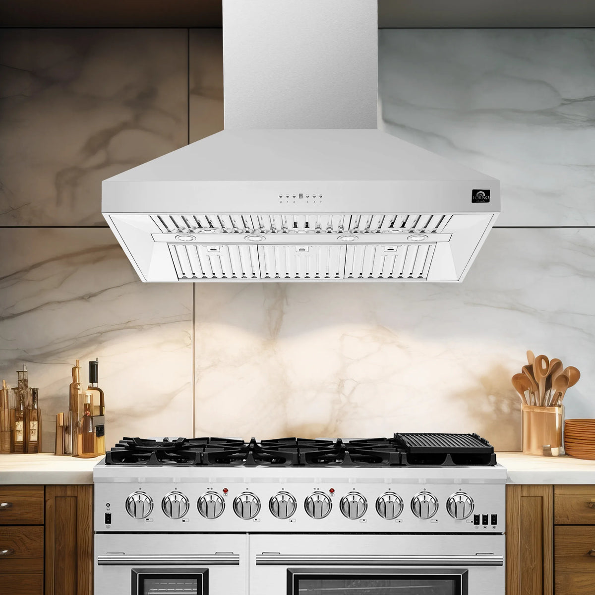 Forno Orvieto 48-Inch 1,200 CFM Wall Mount Range Hood in Stainless Steel shown in a styled kitchen