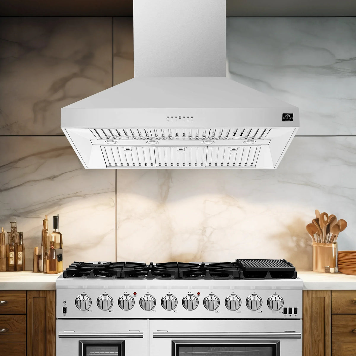 Forno Orvieto 48-Inch 1,200 CFM Wall Mount Range Hood in Stainless Steel shown in a styled kitchen