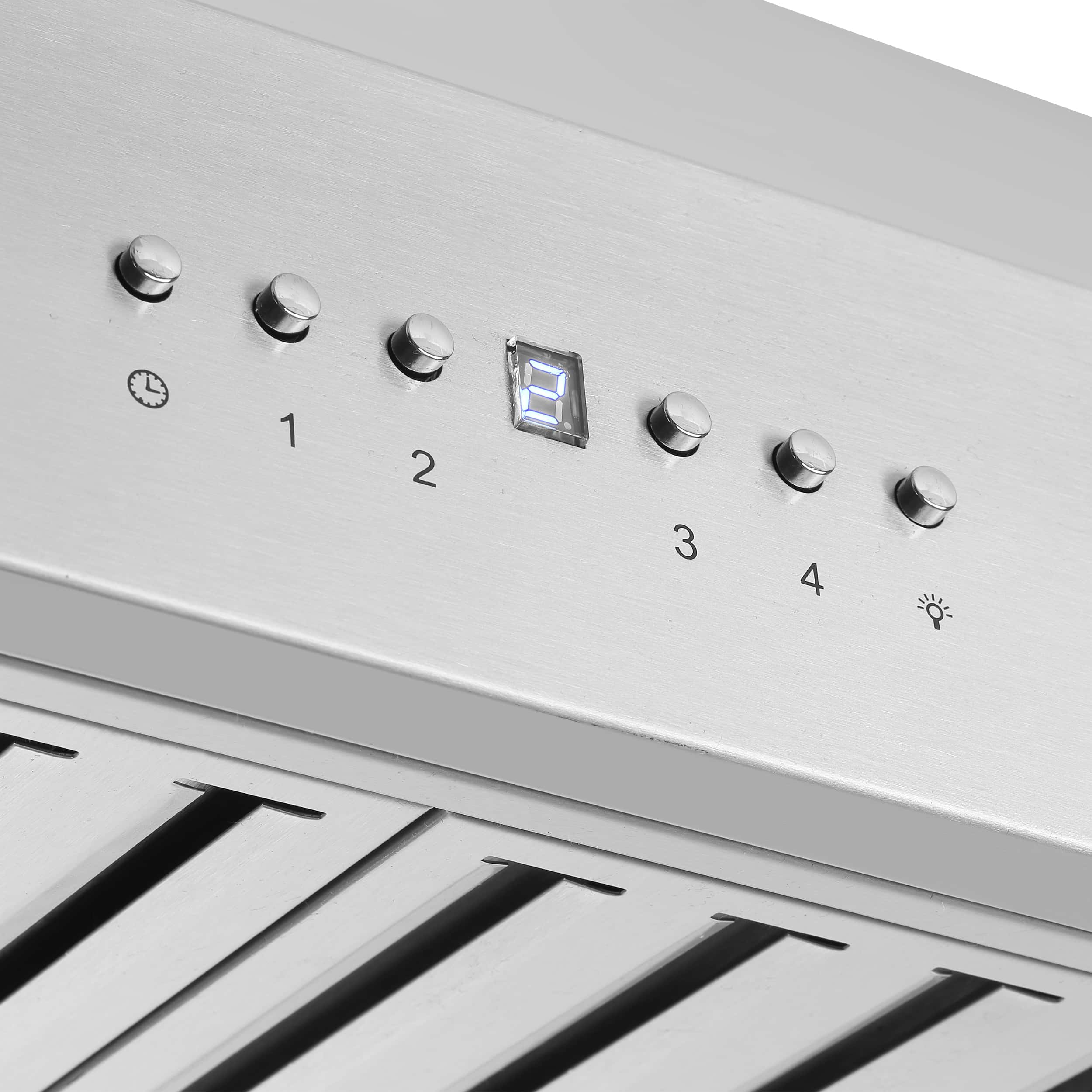 Stainless steel hood control panel with knob buttons and blue display