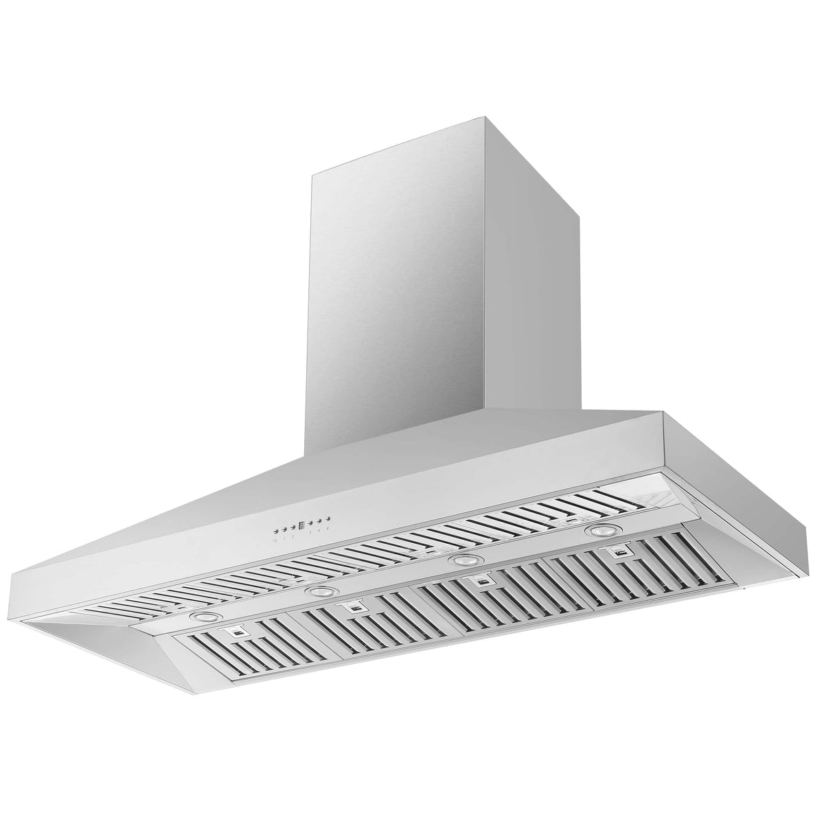 Stainless steel wall-mount range hood with vent grille and chimney backsplash