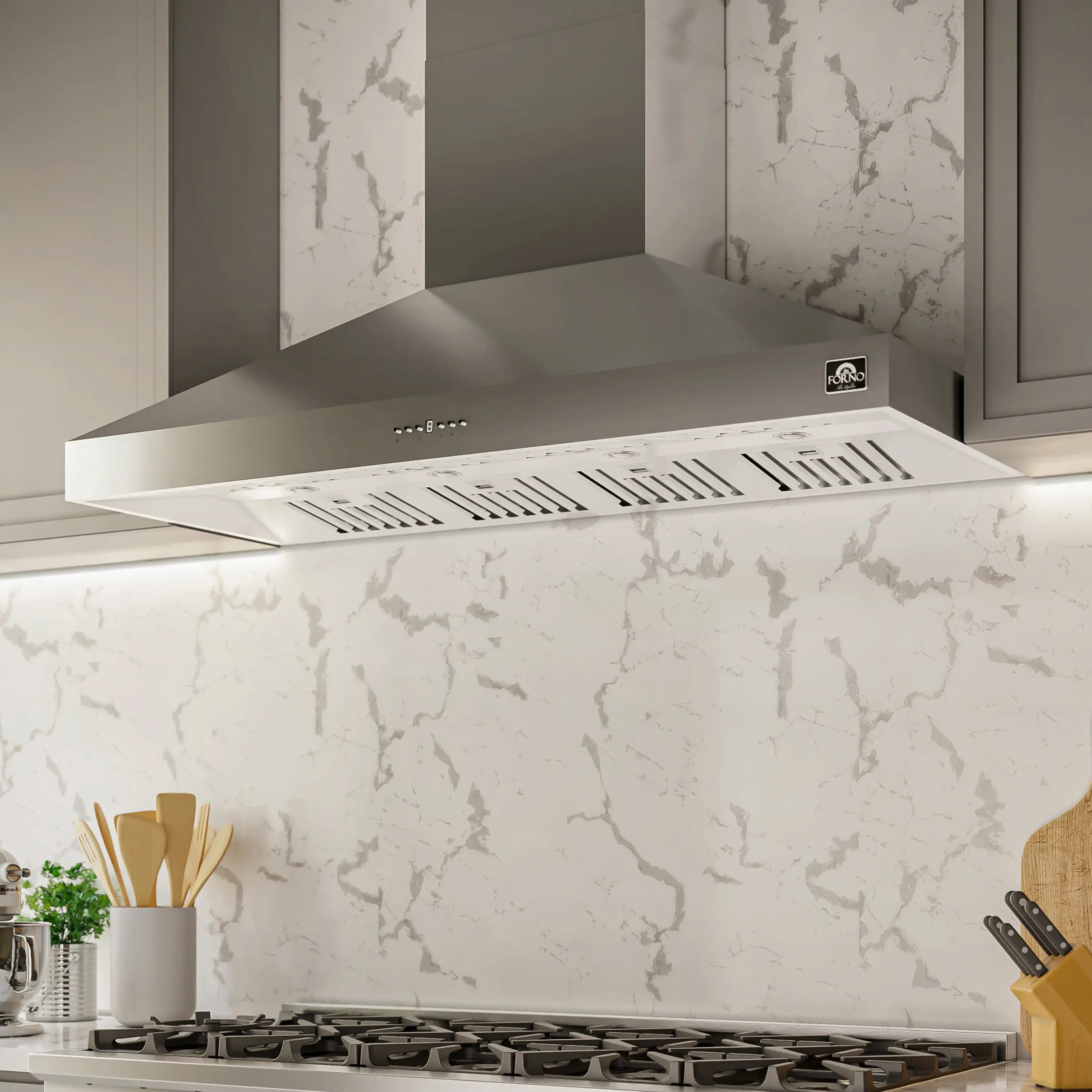 Wall-mounted stainless steel range hood with front vent grille and control buttons