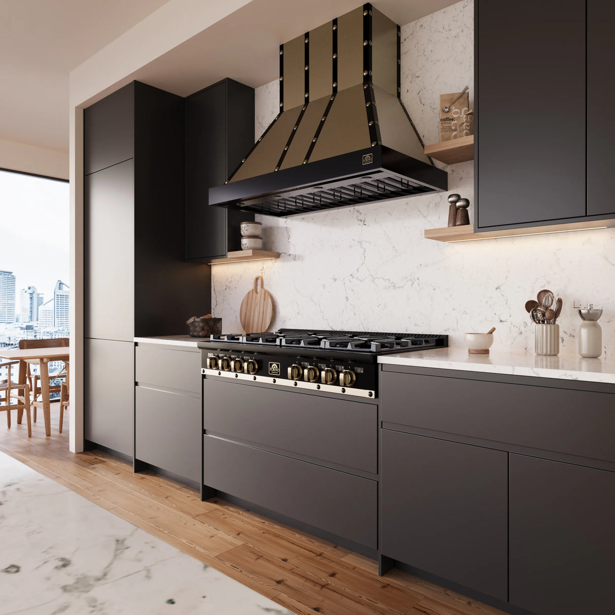 Forno Ambassador 48-Inch Range Hood in Black with 304 CFM, 3 speeds, Dishwasher Safe Baffle filters, LED Lights and Remote Control shown in a styled kitchen