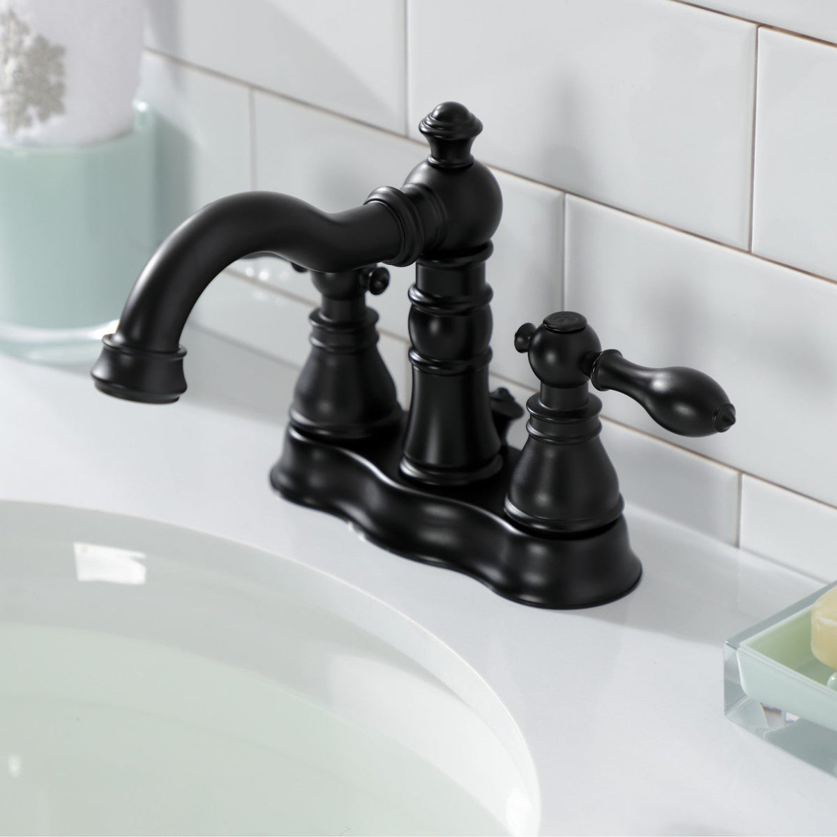 American Classic Double-Handle 4" Centerset Bathroom Faucet with Brass Pop-Up in Matte Black