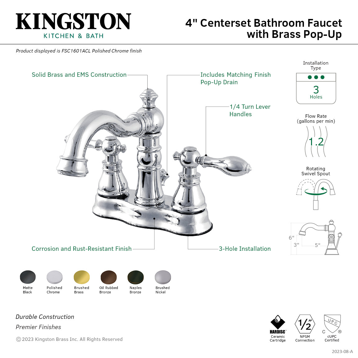 American Classic Double-Handle 4" Centerset Bathroom Faucet with Brass Pop-Up in Oil Rubbed Bronze