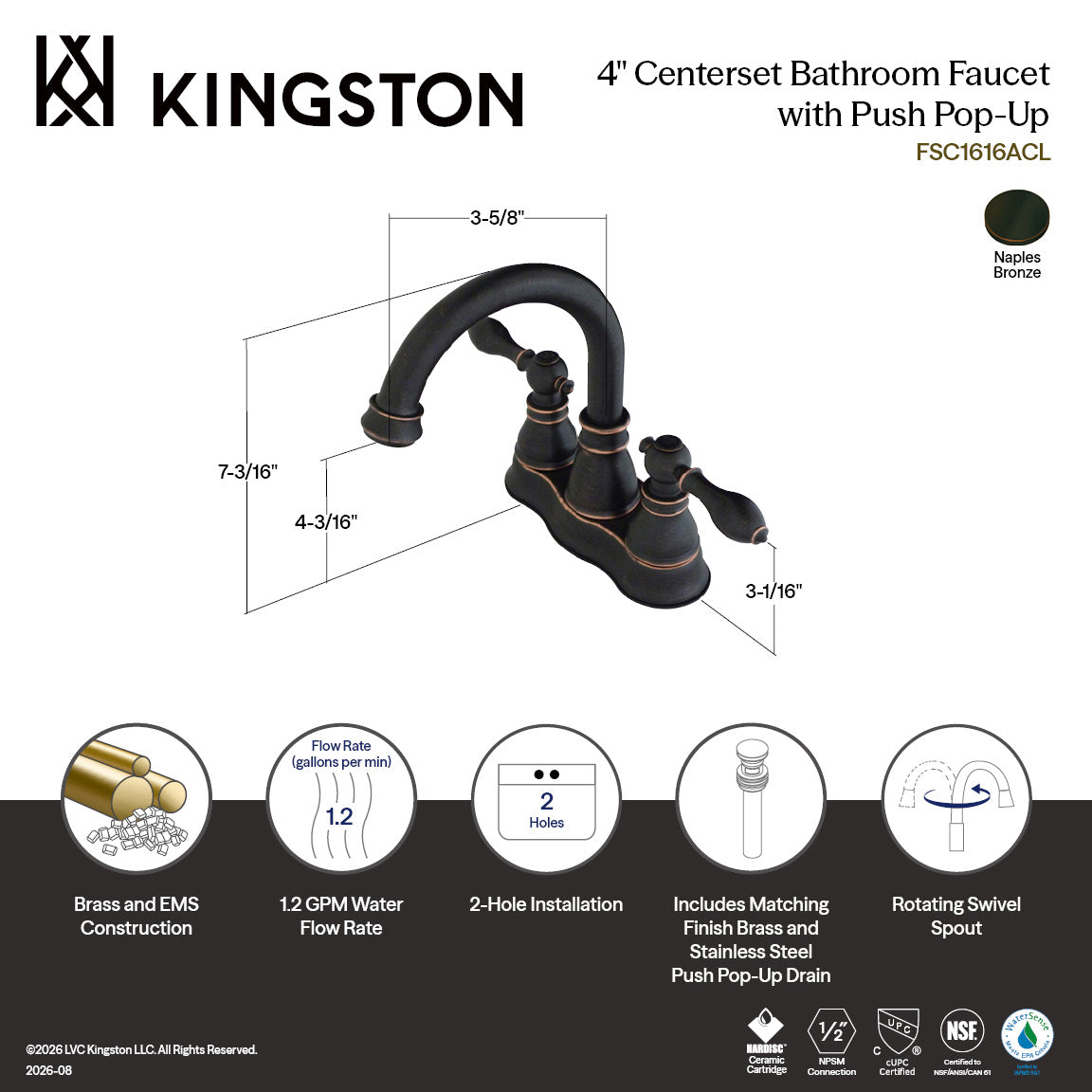 American Classic Double-Handle 4" Centerset Bathroom Faucet with Push-Up Pop-Up in Naples Bronze
