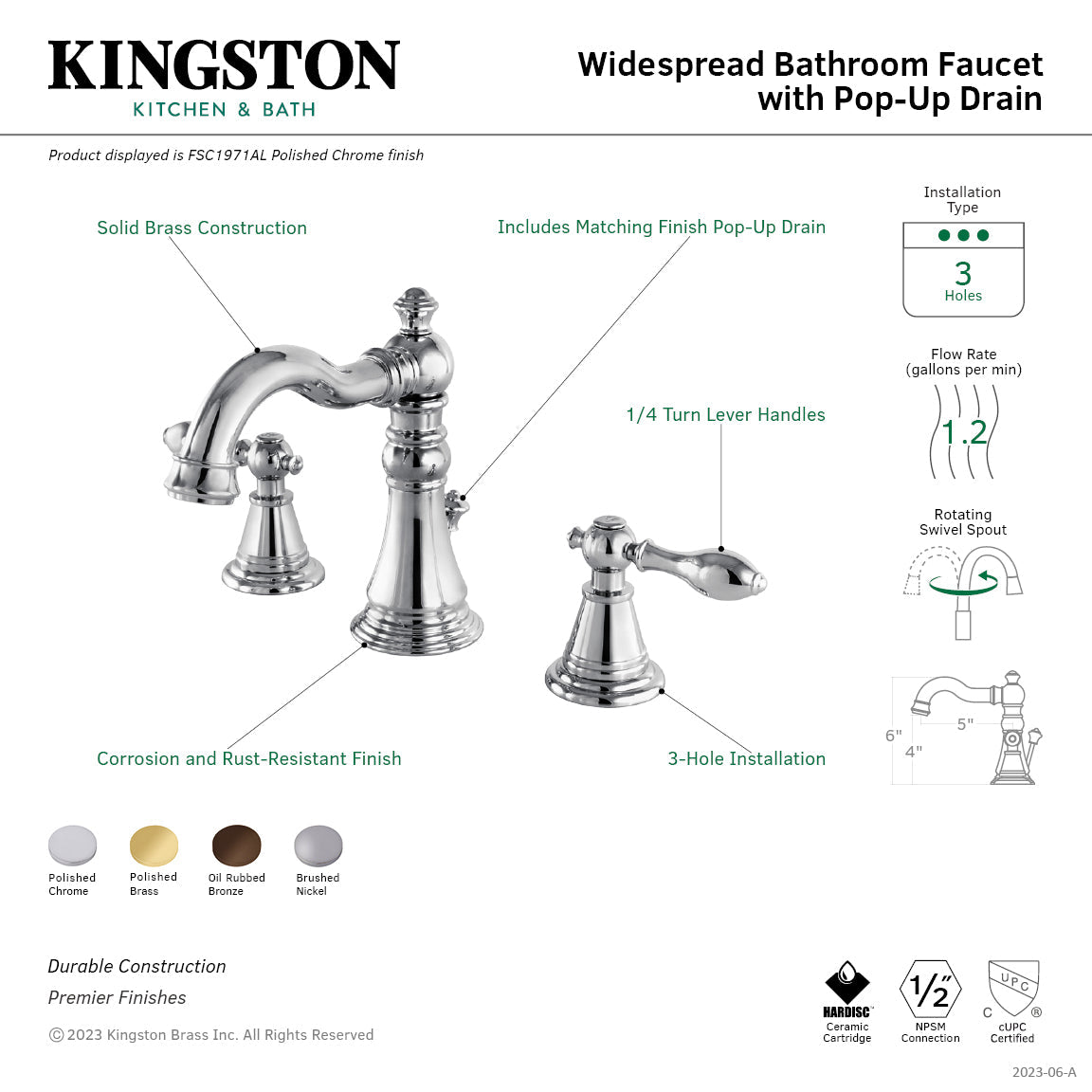 English Classic Widespread Bathroom Faucet with Pop-Up Drain in Polished Brass