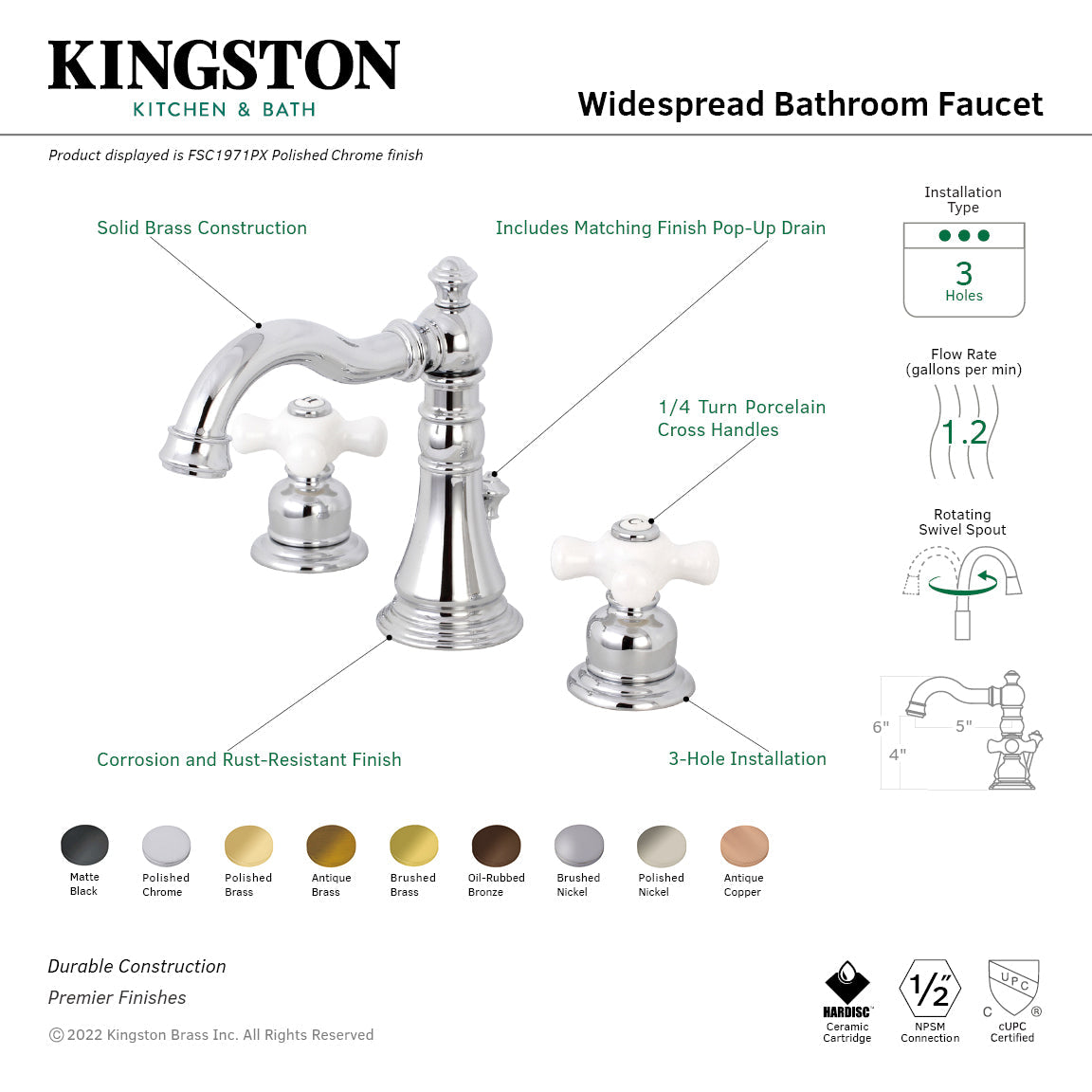 American Classic Widespread Bathroom Faucet with Pop-Up Drain in Polished Brass