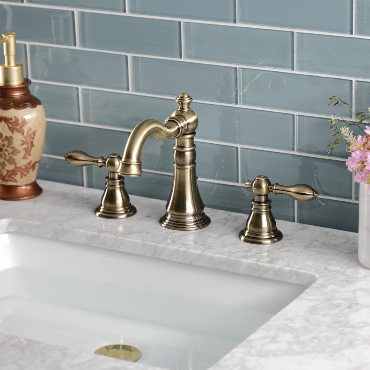 American Classic Widespread Bathroom Faucet with Brass Pop-Up in Antique Brass