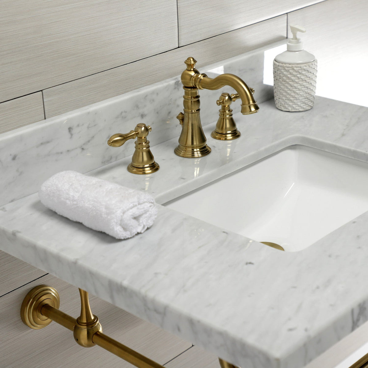 American Classic Widespread Bathroom Faucet with Brass Pop-Up in Brushed Brass