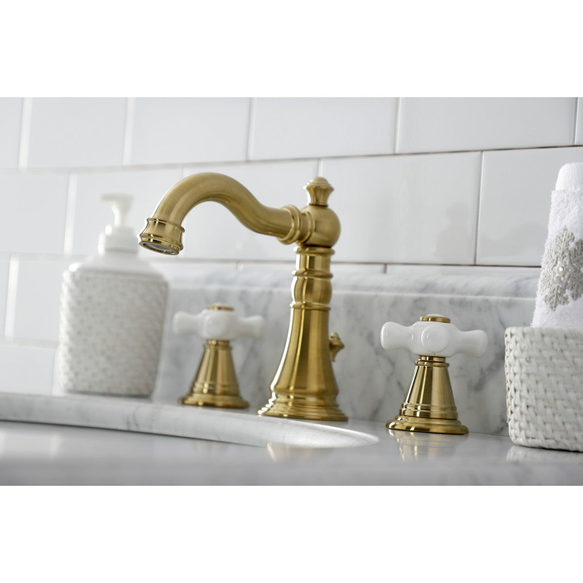 American Classic Widespread Bathroom Faucet with Brass Pop-Up in Brushed Brass