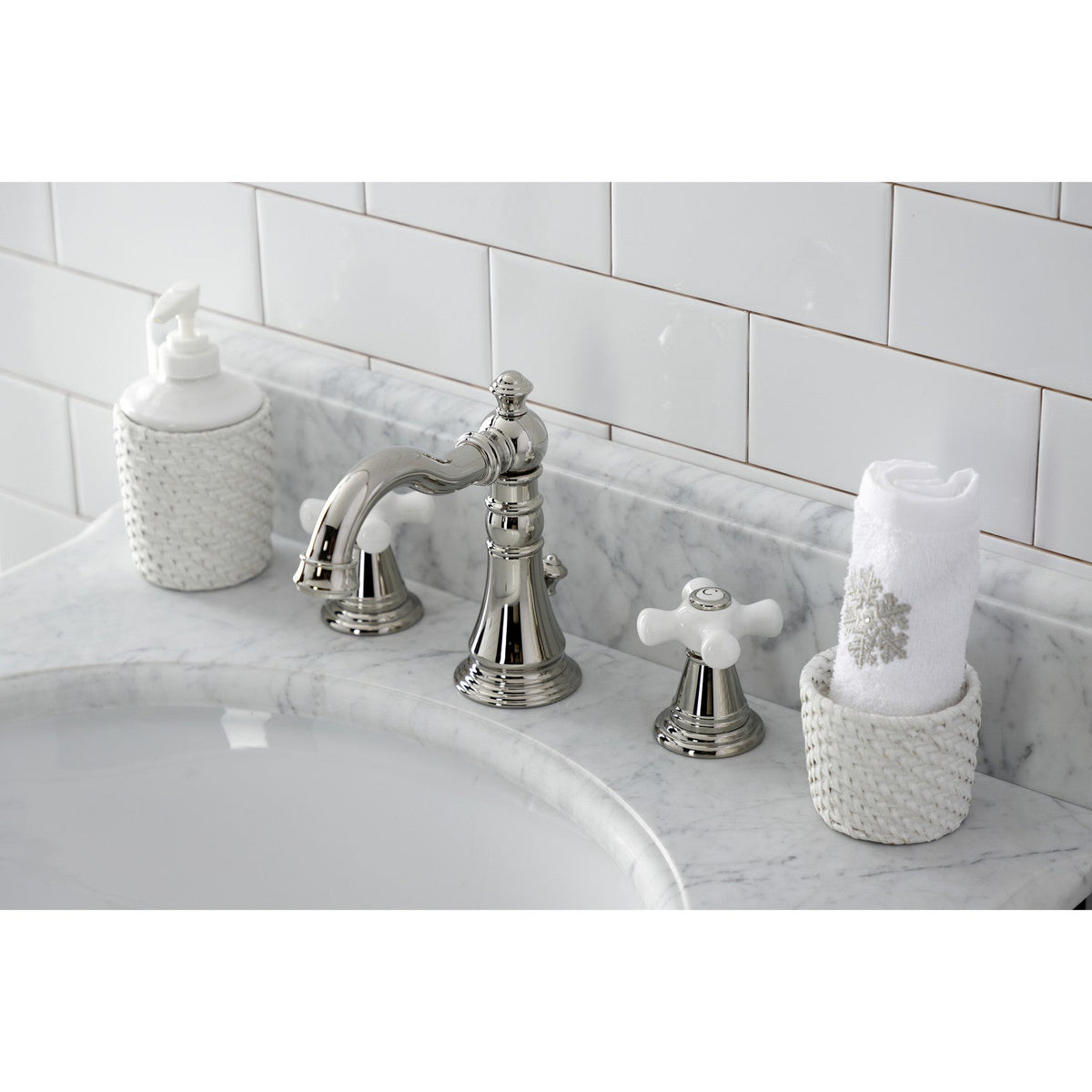 American Classic Widespread Bathroom Faucet with Brass Pop-Up in Polished Nickel