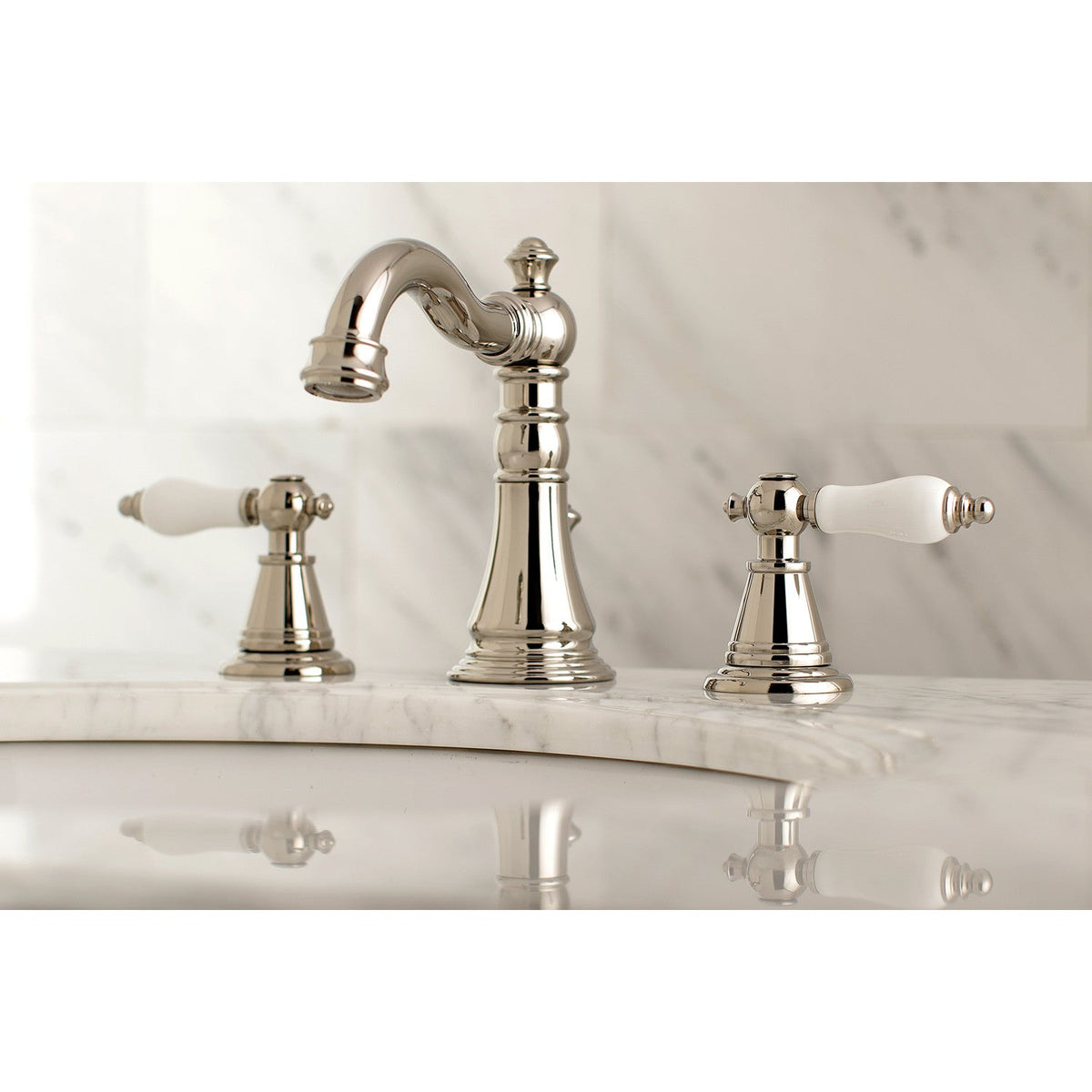 English Classic Widespread Bathroom Faucet with Brass Pop-Up in Polished Nickel
