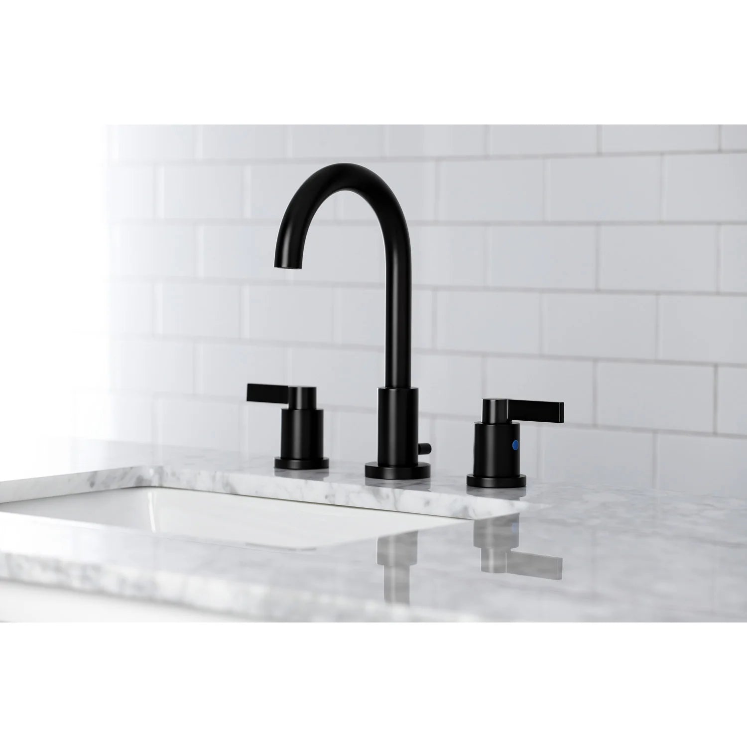 Matte black bathroom faucet set with tall arched spout and three-piece handles