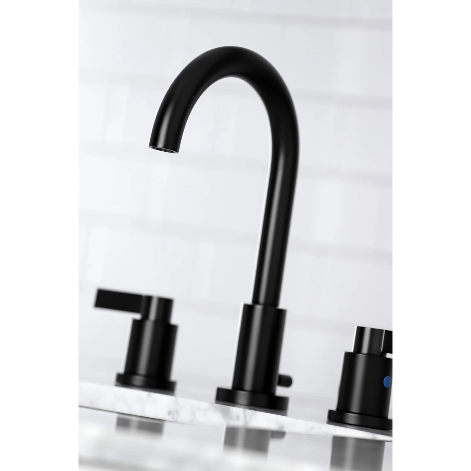 Matte black widespread faucet with arched spout and two cross handles