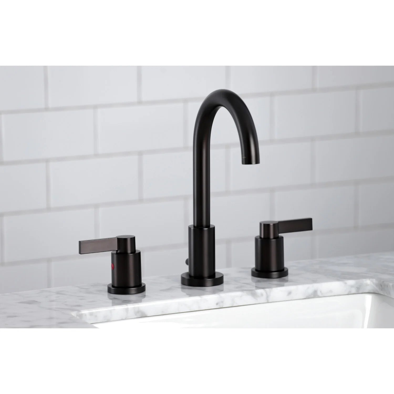 Oil rubbed bronze widespread faucet with curved spout and two side lever handles