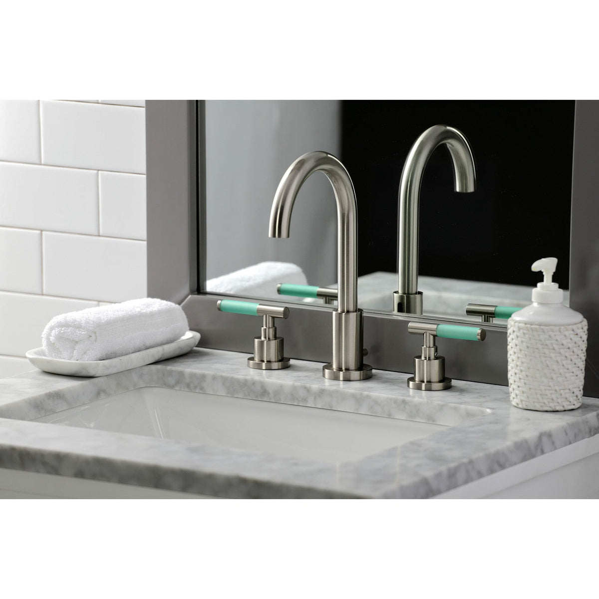 Kaiser Widespread Bathroom Faucet with Brass Pop-Up in Brushed Nickel