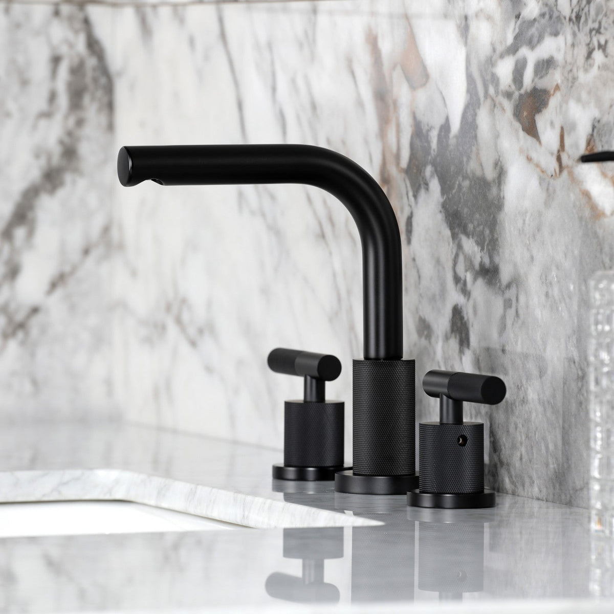 Convergent Widespread Bathroom Faucet with Knurled Handle and Brass Pop-Up in Matte Black