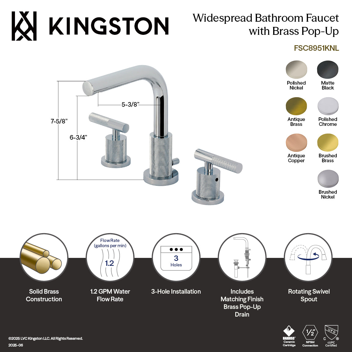 Convergent Widespread Bathroom Faucet with Knurled Handle and Brass Pop-Up in Polished Chrome