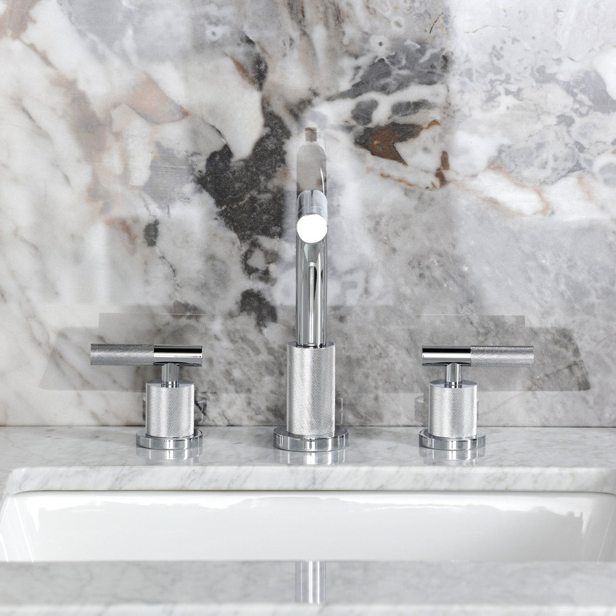 Convergent Widespread Bathroom Faucet with Knurled Handle and Brass Pop-Up in Polished Chrome