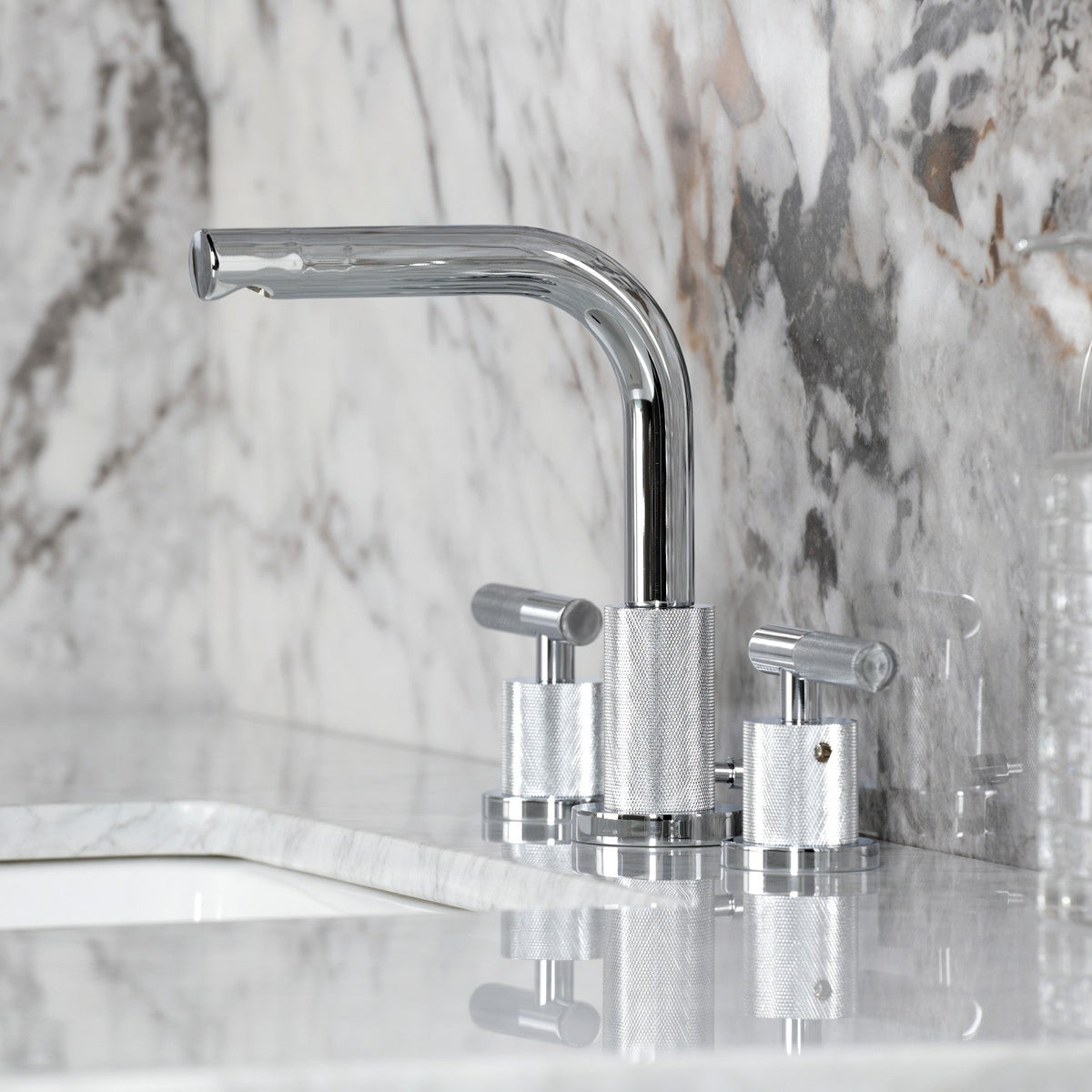 Convergent Widespread Bathroom Faucet with Knurled Handle and Brass Pop-Up in Polished Chrome