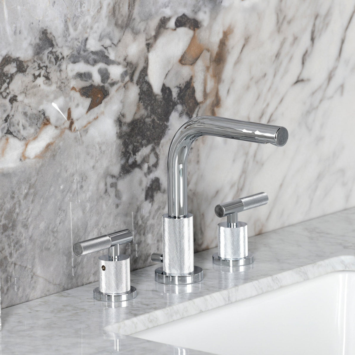 Convergent Widespread Bathroom Faucet with Knurled Handle and Brass Pop-Up in Polished Chrome