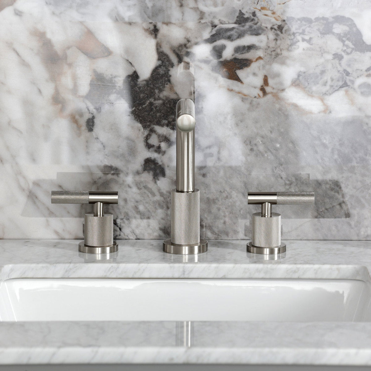 Convergent Widespread Bathroom Faucet with Knurled Handle and Brass Pop-Up in Brushed Nickel