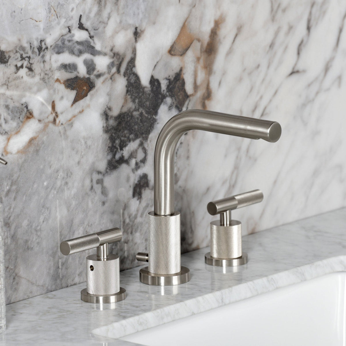 Convergent Widespread Bathroom Faucet with Knurled Handle and Brass Pop-Up in Brushed Nickel