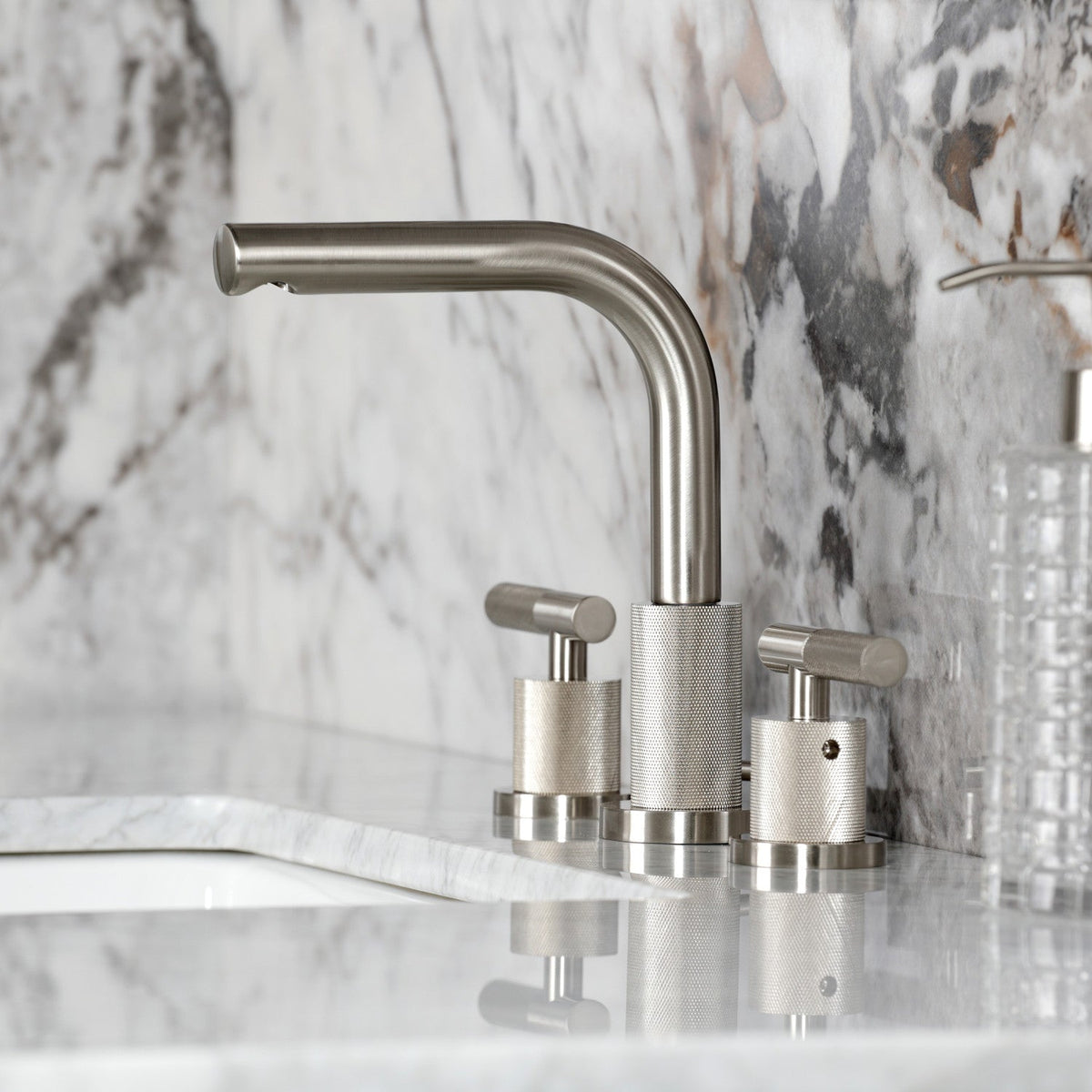 Convergent Widespread Bathroom Faucet with Knurled Handle and Brass Pop-Up in Brushed Nickel