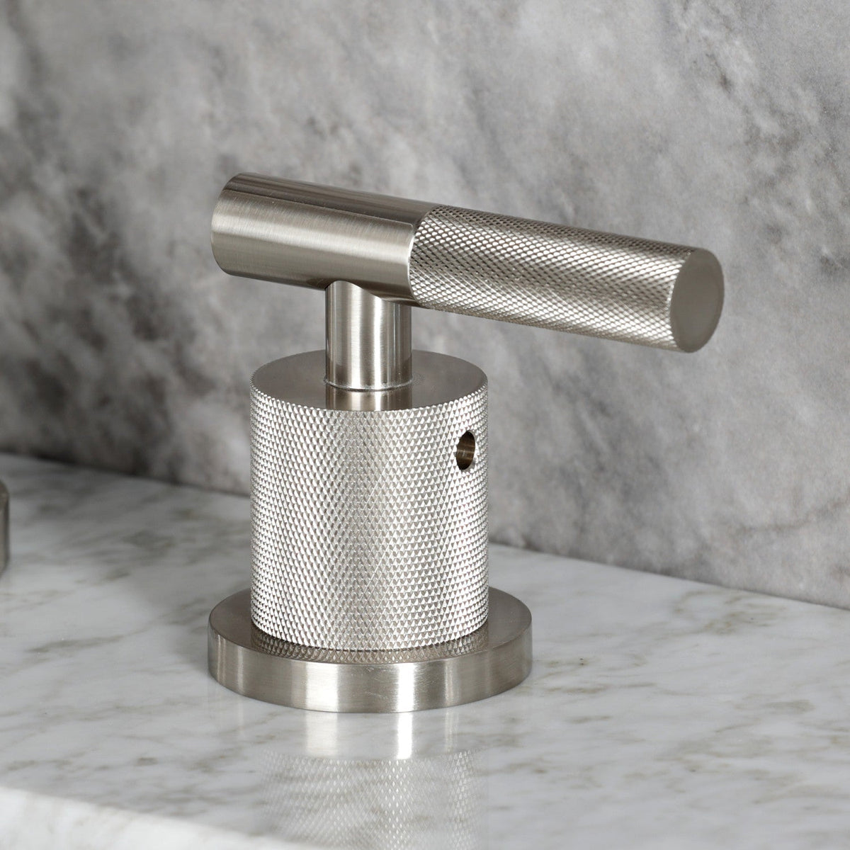 Convergent Widespread Bathroom Faucet with Knurled Handle and Brass Pop-Up in Brushed Nickel