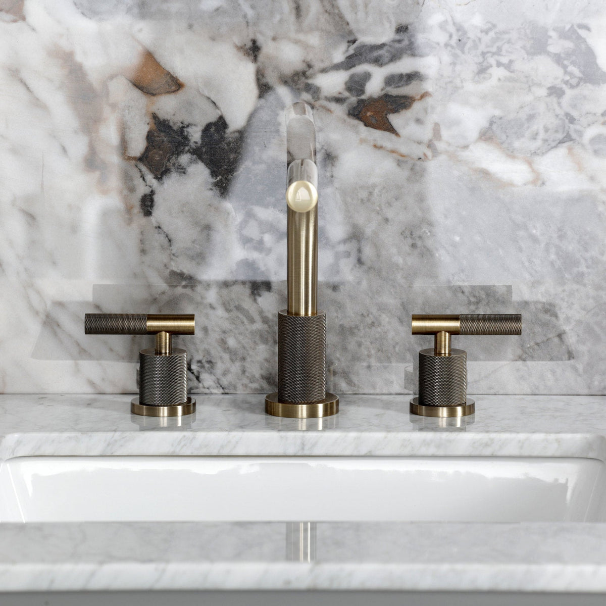 Convergent Widespread Bathroom Faucet with Knurled Handle and Brass Pop-Up in Antique Brass