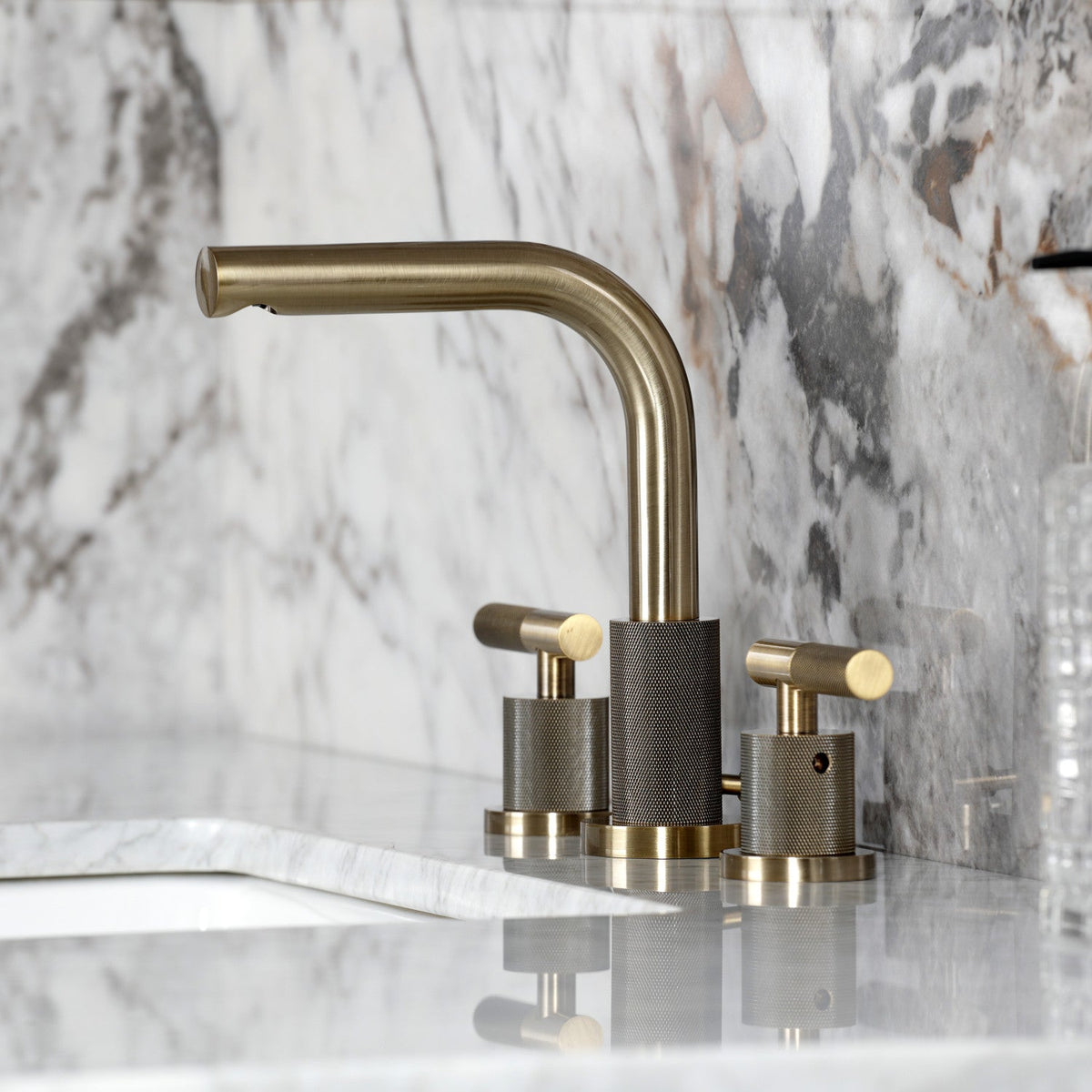 Convergent Widespread Bathroom Faucet with Knurled Handle and Brass Pop-Up in Antique Brass