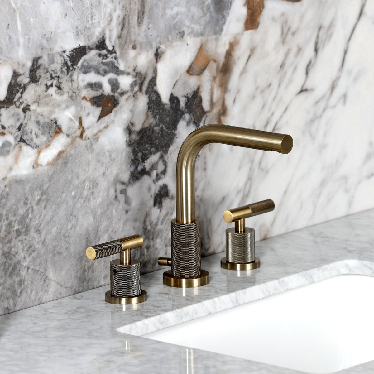 Convergent Widespread Bathroom Faucet with Knurled Handle and Brass Pop-Up in Antique Brass