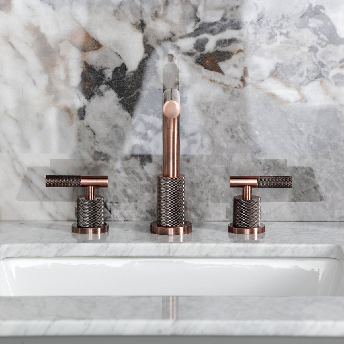 Convergent Widespread Bathroom Faucet with Knurled Handle and Brass Pop-Up in Antique Copper