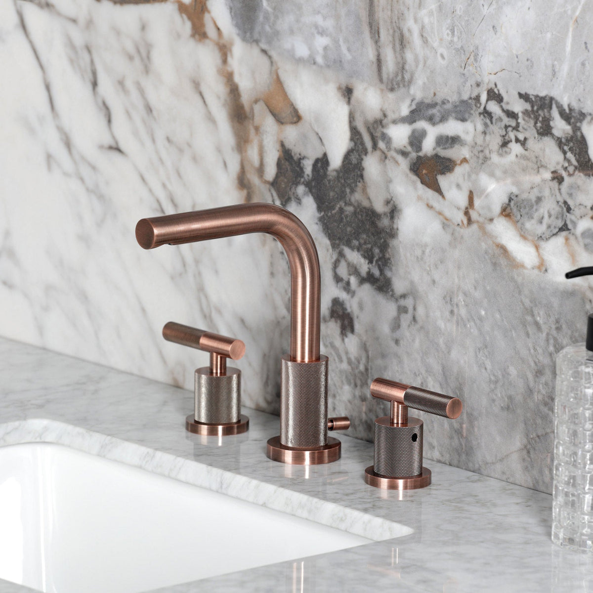 Convergent Widespread Bathroom Faucet with Knurled Handle and Brass Pop-Up in Antique Copper
