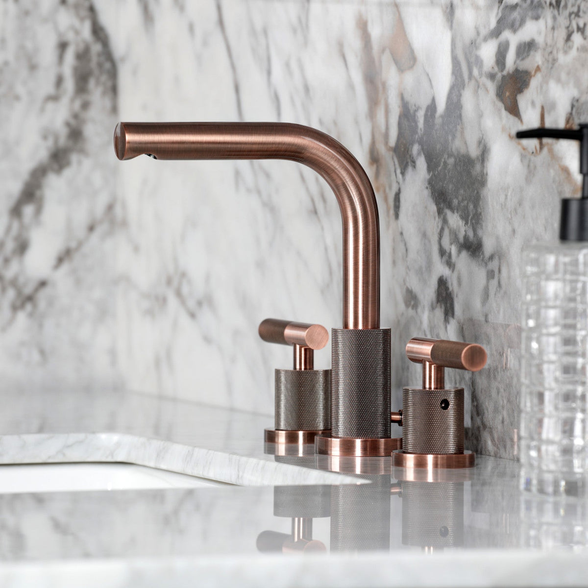 Convergent Widespread Bathroom Faucet with Knurled Handle and Brass Pop-Up in Antique Copper