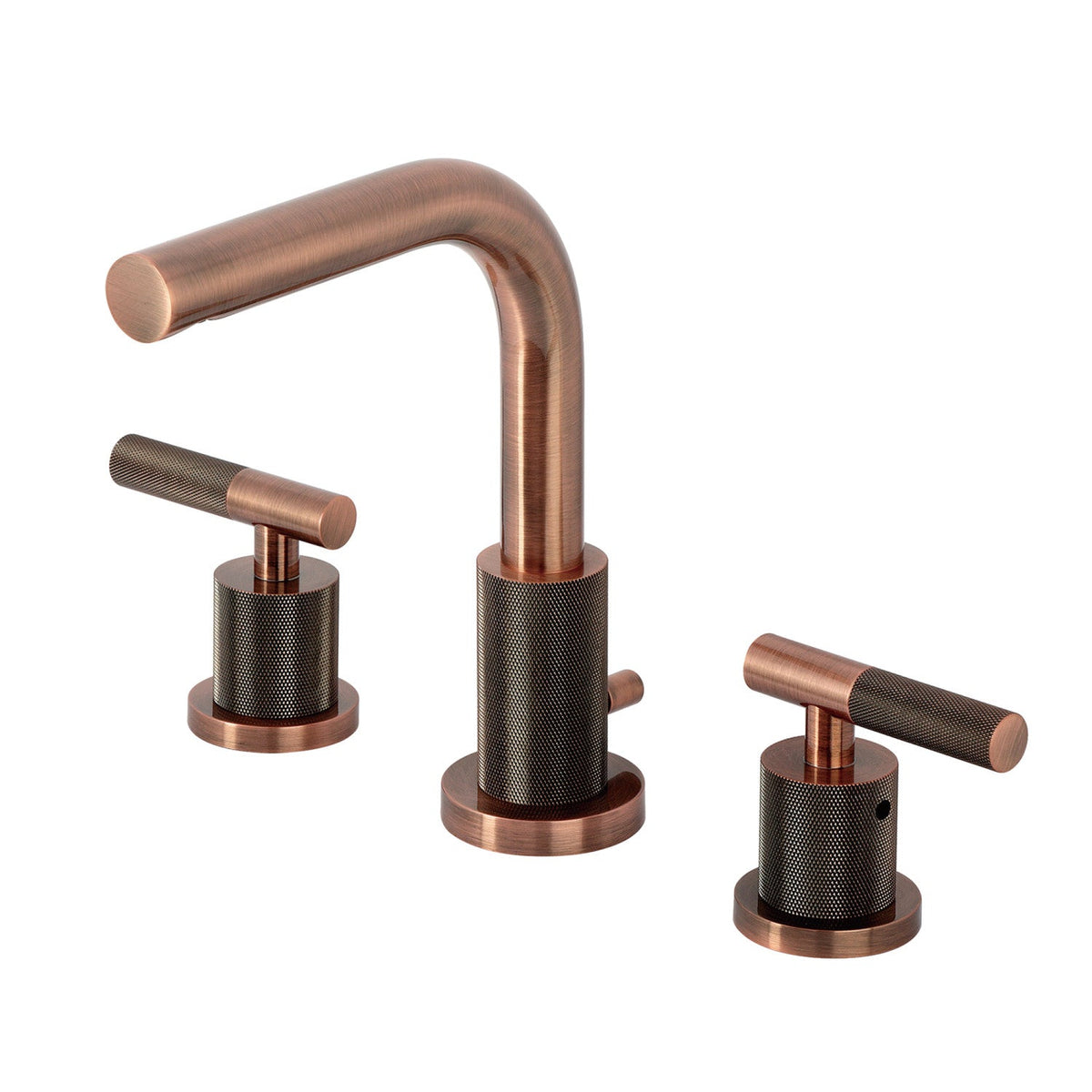 Convergent Widespread Bathroom Faucet with Knurled Handle and Brass Pop-Up in Antique Copper