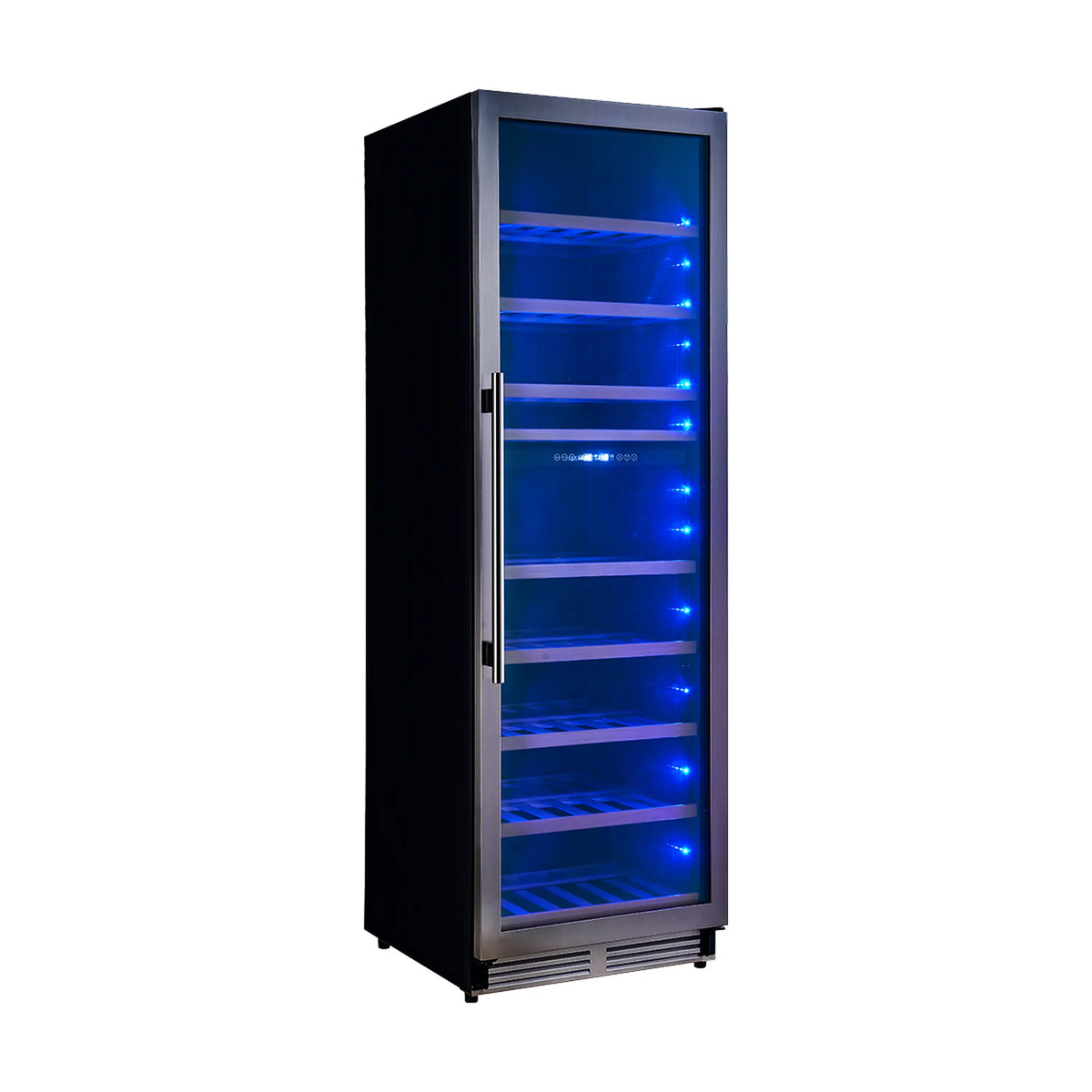 Black wine cooler with blue LED illuminated shelves, angled side view